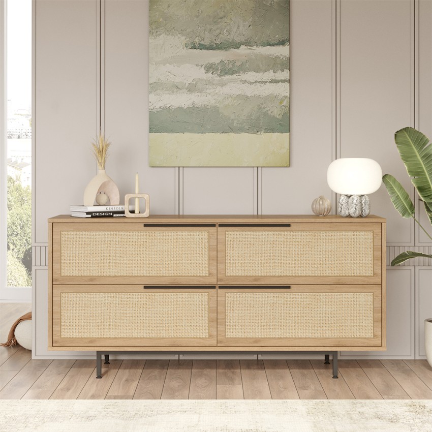  Mesa aparador salón cocina de madera 4 puertas efecto ratán Dhunnan Promoción