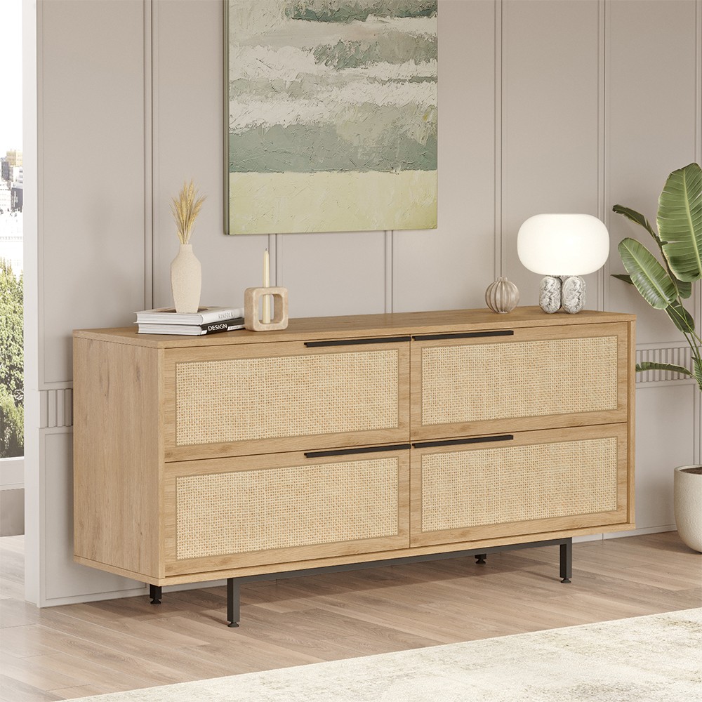 Alacena aparador para salón o cocina de madera con 4 puertas efecto ratán Dhunnan