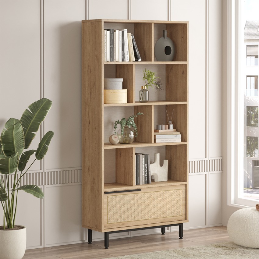 Librería de madera 8 estantes puerta abatible efecto ratán 84x30x175cm Ravel Promoción 