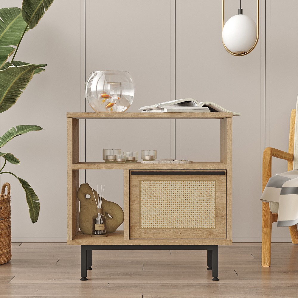 Mueble de salón de 60x26x60 cm de madera con 2 estantes y puerta efecto ratán Opoli