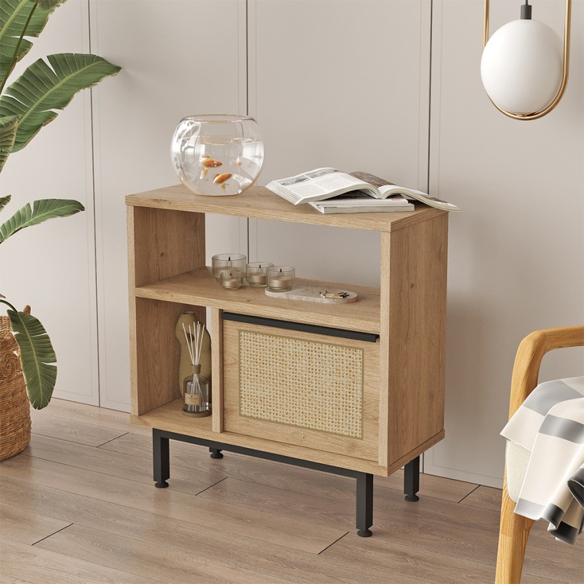 Mueble de salón de 60x26x60 cm de madera con 2 estantes y puerta efecto ratán Opoli Promoción