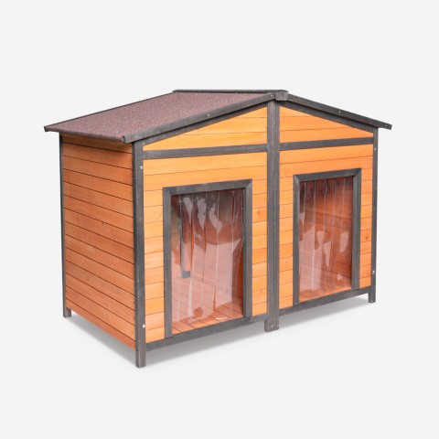 Caseta de madera exterior para perros de tamaño mediano 150x79x110 cm con doble entrada Oscar Promoción