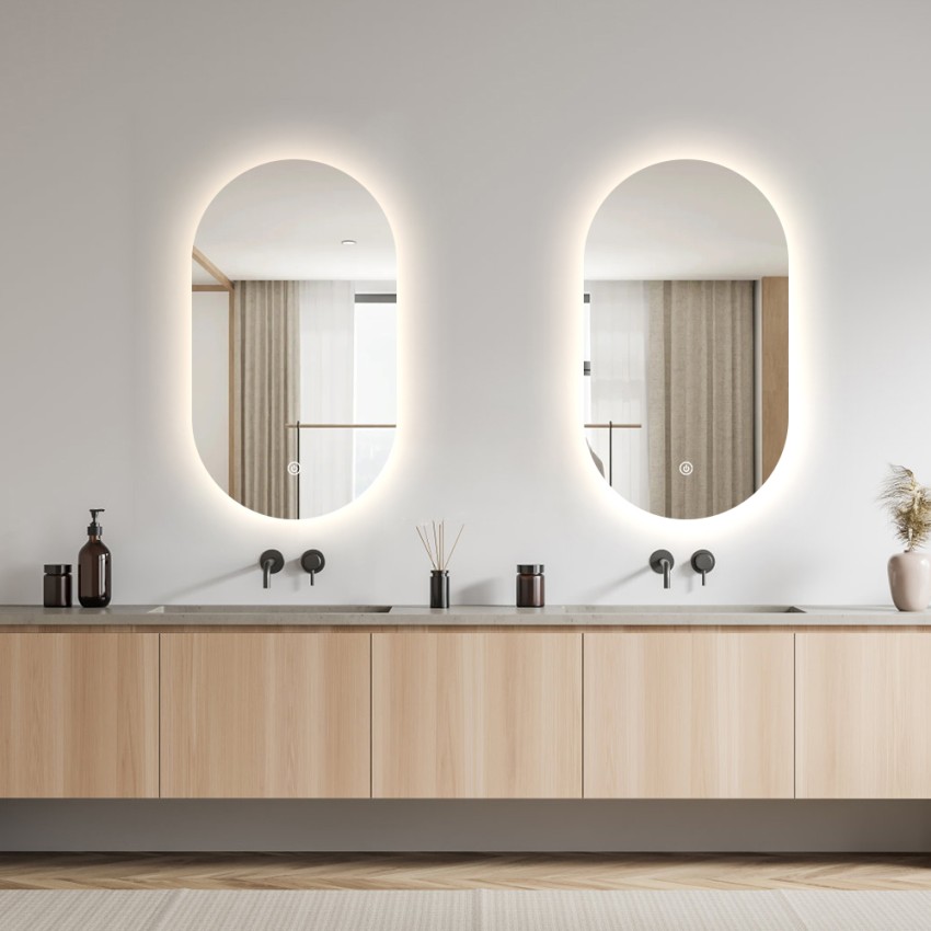  Espejo de baño moderno con iluminación trasera ovalada de 50x80cm luces led Konughs M Promoción 