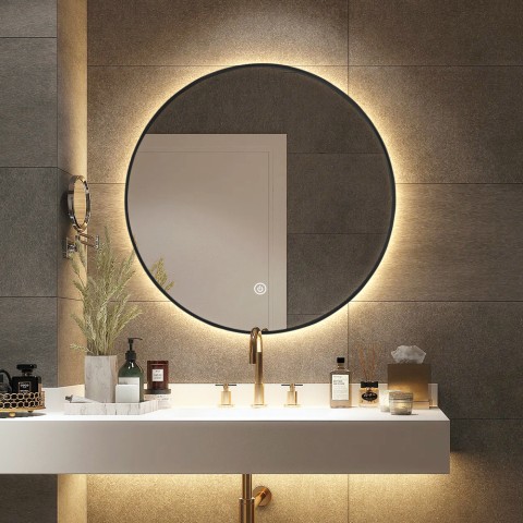 Espejo de baño led redondo 70cm retroiluminado marco negro Laugarv L Promoción