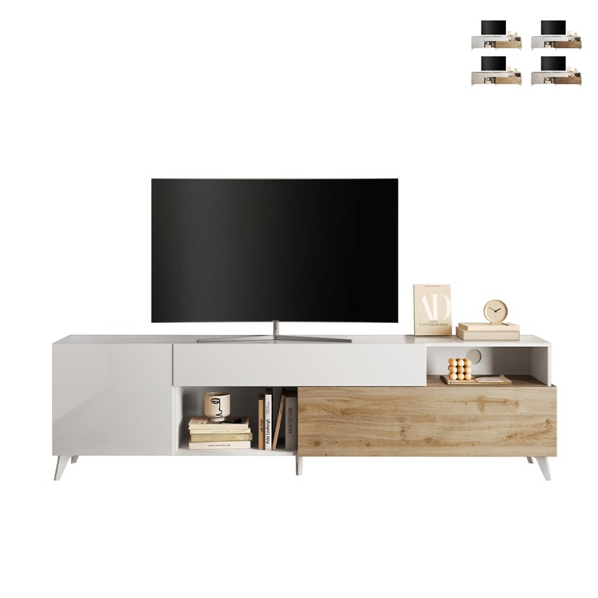 Mueble TV moderno blanco madera con cajón y 2 puertas 241x42x67cm Clere Promoción