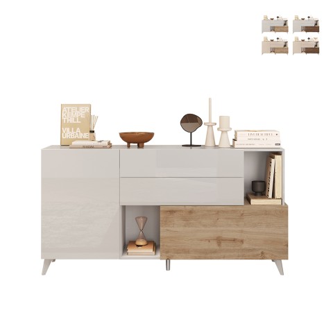 Aparador de cocina y sala de estar 2 puertas 2 cajones madera blanca 181x42x94 cm Kamie Promoción