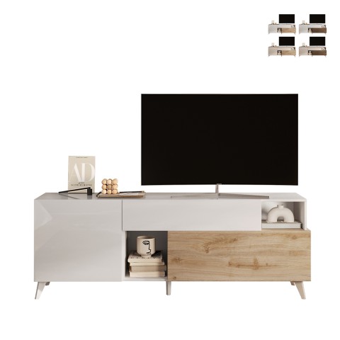 Mueble TV moderno de madera blanca con cajón y 2 puertas 181x42x67cm Edwin Promoción