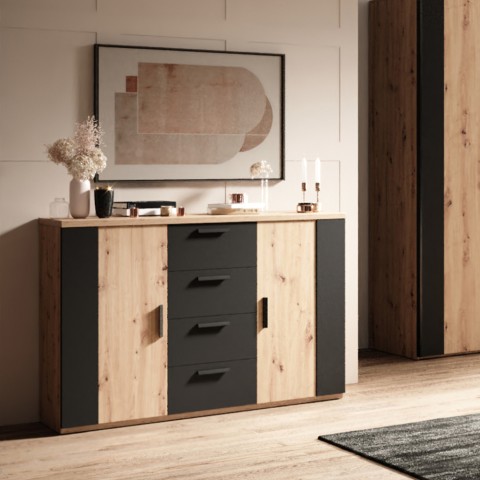 Aparador cómoda de madera de roble natural con 2 puertas y 4 cajones color negro Gael Promoción