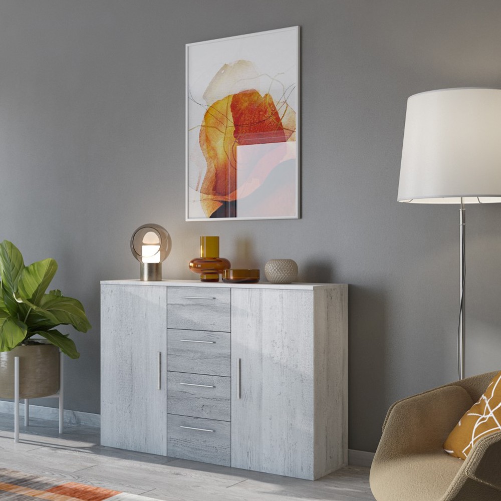 Cómoda aparador de madera blanca con 4 cajones y 2 puertas para dormitorio Forsy