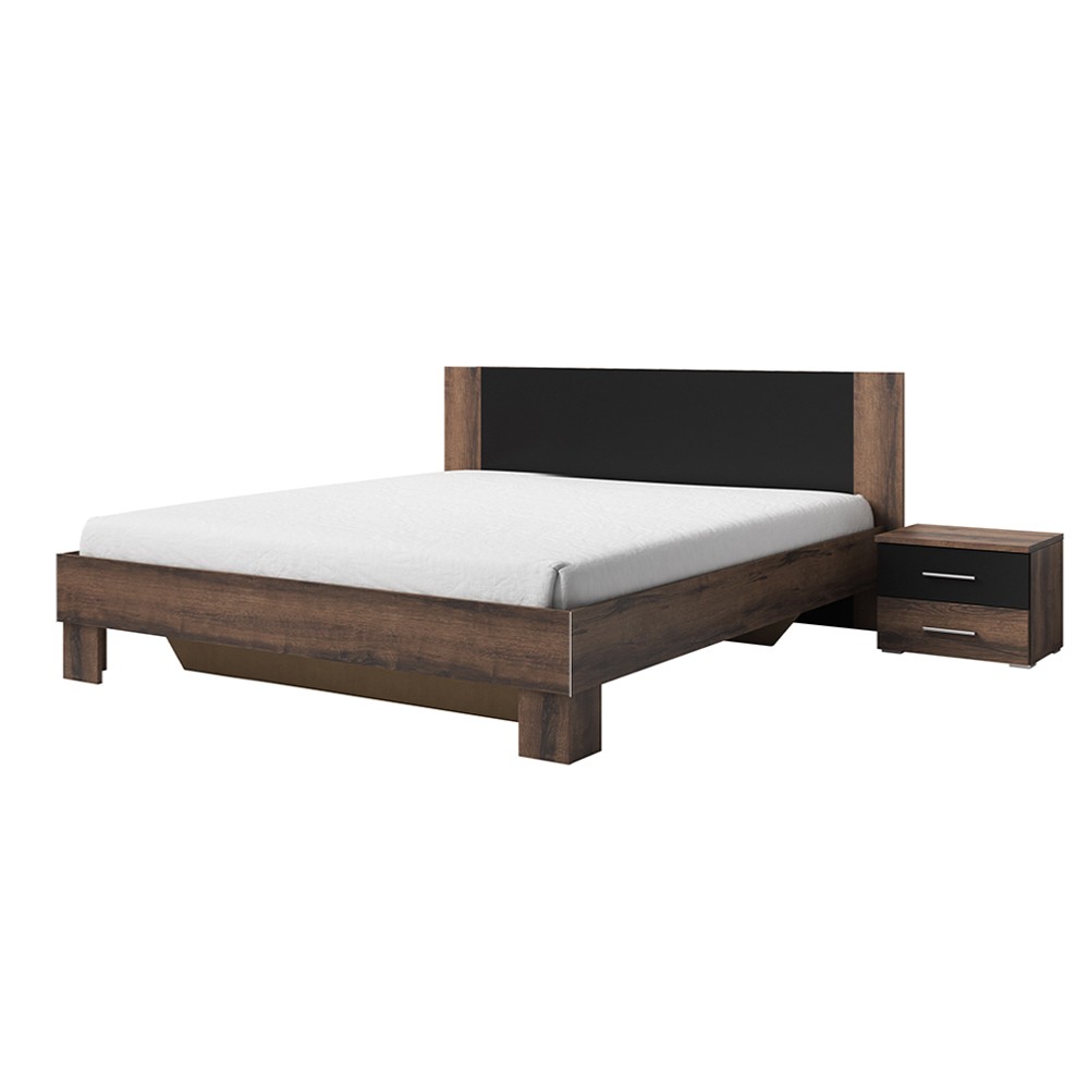 Cama de matrimonio con 2 mesitas de noche de 180x200 cm, cabecero y somier de lamas madera Lauret