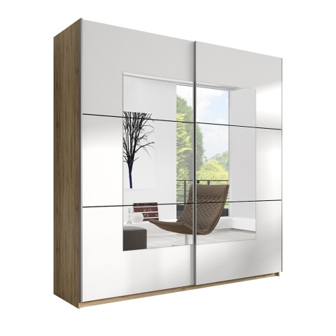 Armario de puertas correderas de madera roble, color blanco y espejo  180x60x210 cm Elaisa Promoción