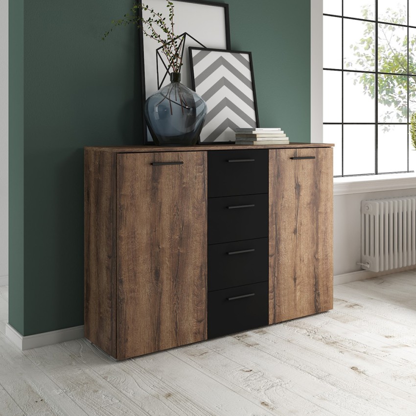 Cómoda de dormitorio con 2 puertas y 4 cajones color madera o negro Ertras Promoción Cómoda de dormitorio con 2 puertas y 4 cajones color madera o negro Ertras Promoción