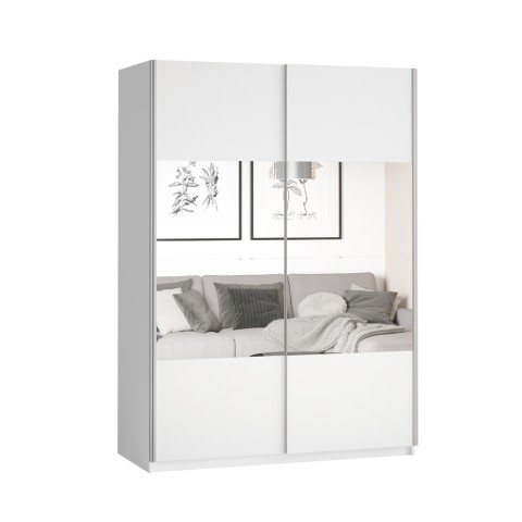 Armario de dormitorio blanco con puertas correderas y espejo 120x61x210 cm Many Promoción