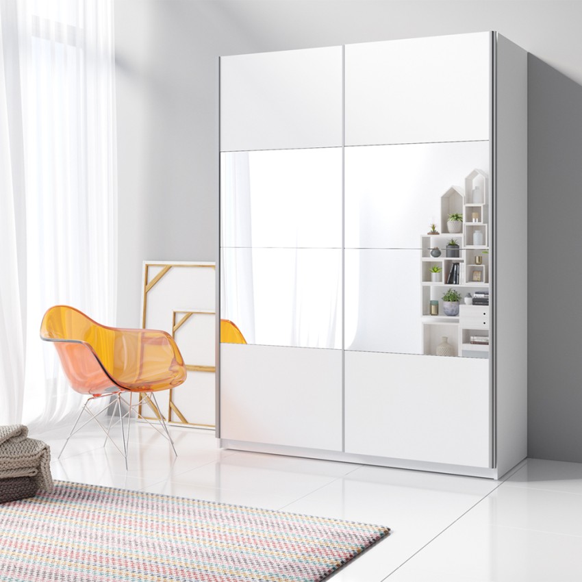  Armario ropero blanco con 2 puertas correderas y espejo 200x60x210 Mathea Promoción 