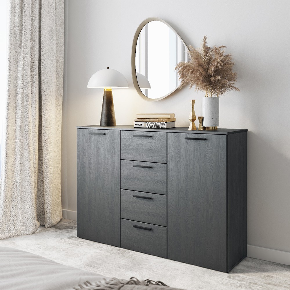 Cómoda negra para dormitorio con 4 cajones y 2 puertas 132x38x93 Lyssa
