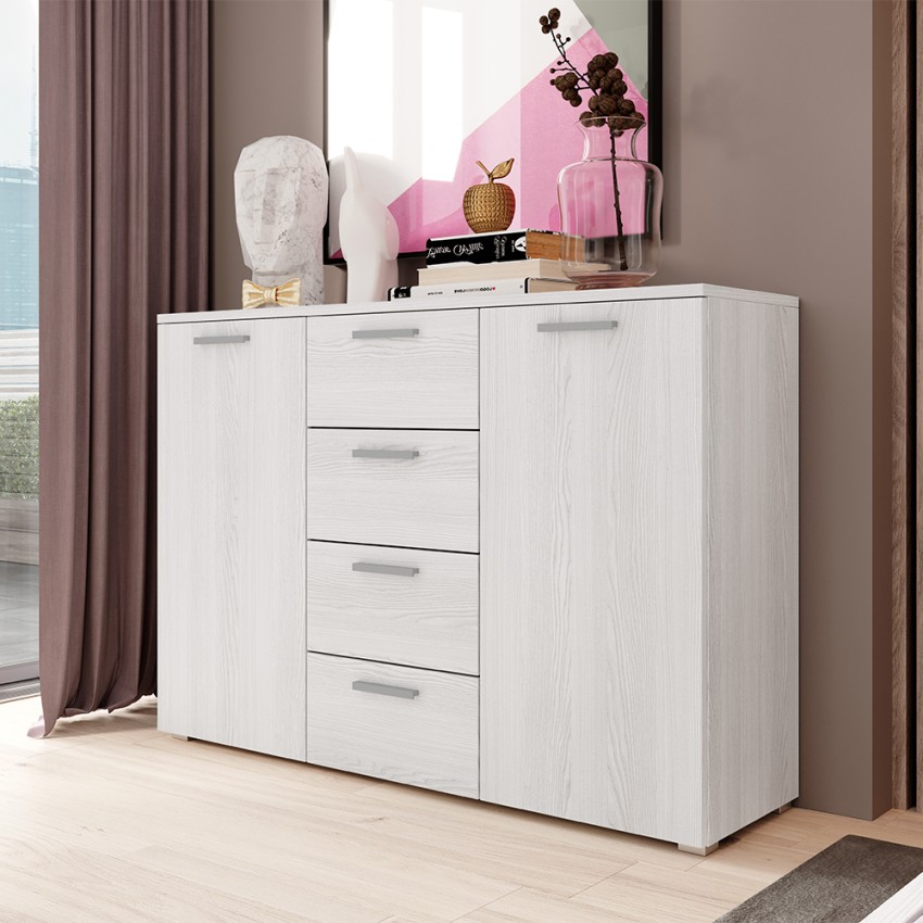 Cómoda de dormitorio con 4 cajones y 2 puertas de madera color blanco 132x38x93 cm Lemere Promoción
