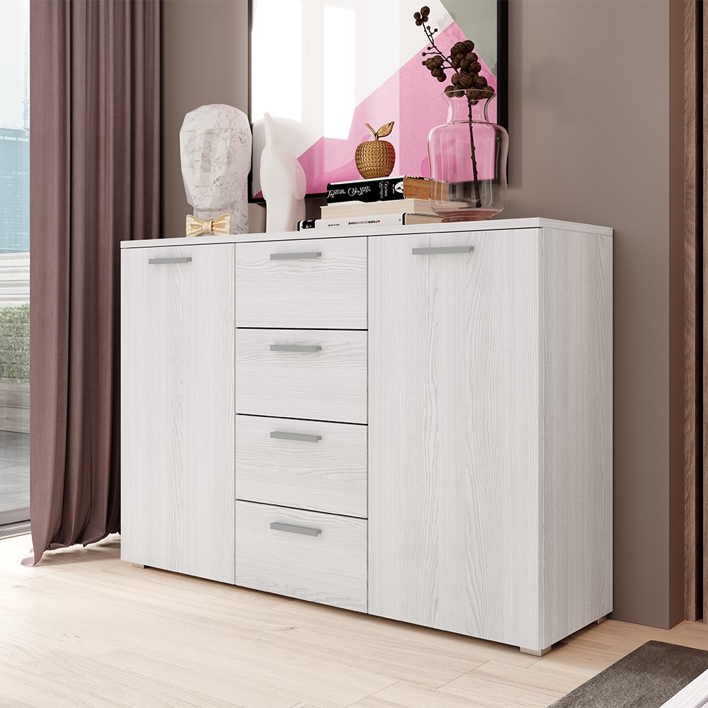 Cómoda de dormitorio con 4 cajones y 2 puertas de madera color blanco 132x38x93 cm Lemere