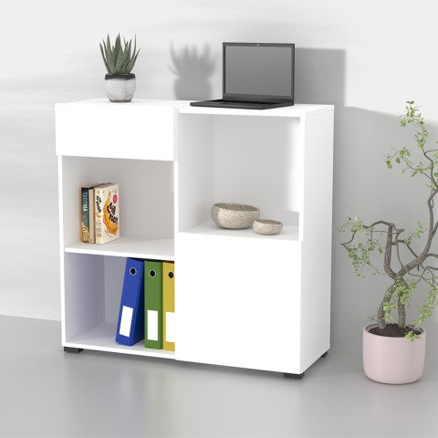 Mueble de almacenaje bajo para oficina con cajón, puerta y 2 estantes color blanco 90x35x89 cm Habren  Promoción