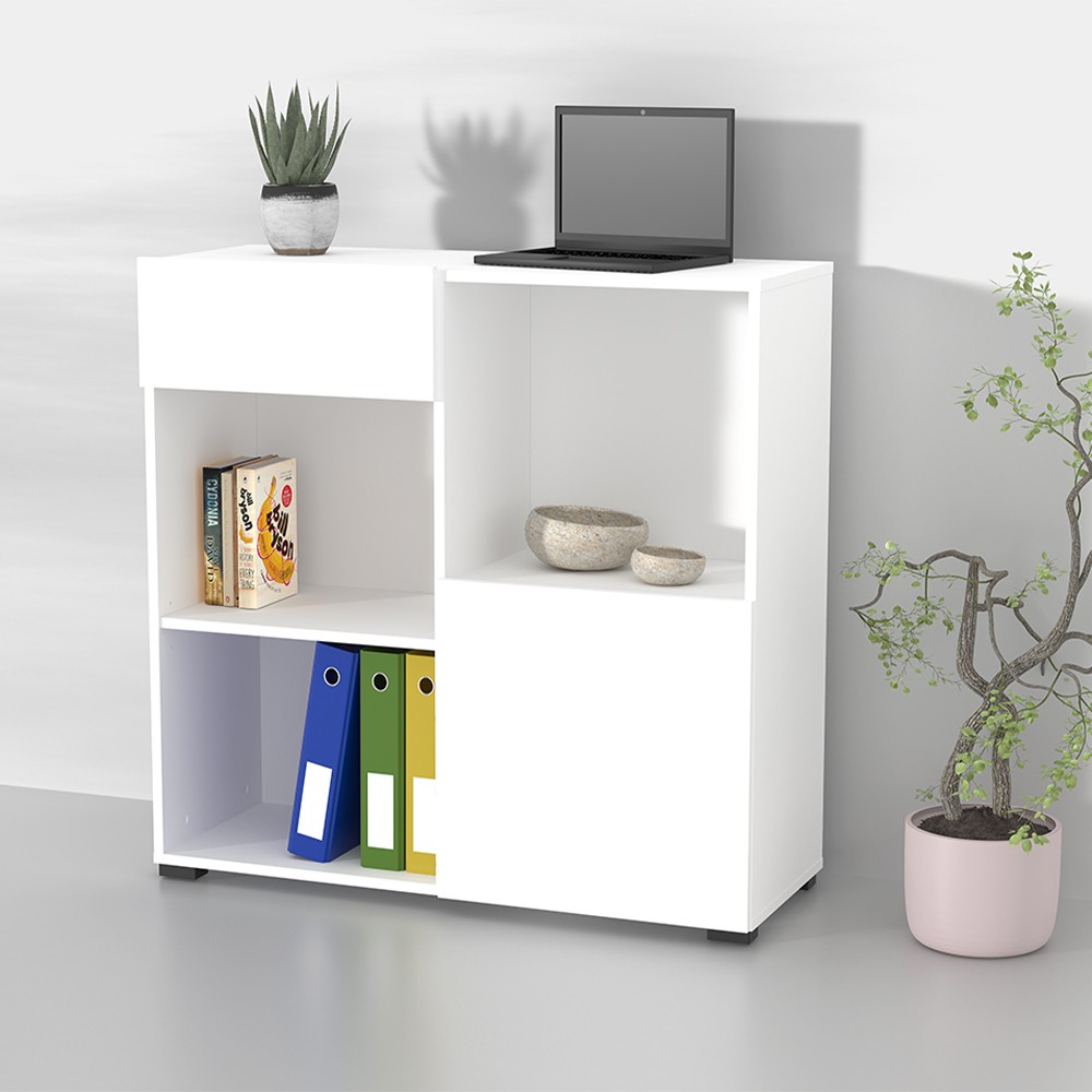 Mueble de almacenaje bajo para oficina con cajón, puerta y 2 estantes color blanco 90x35x89 cm Habren