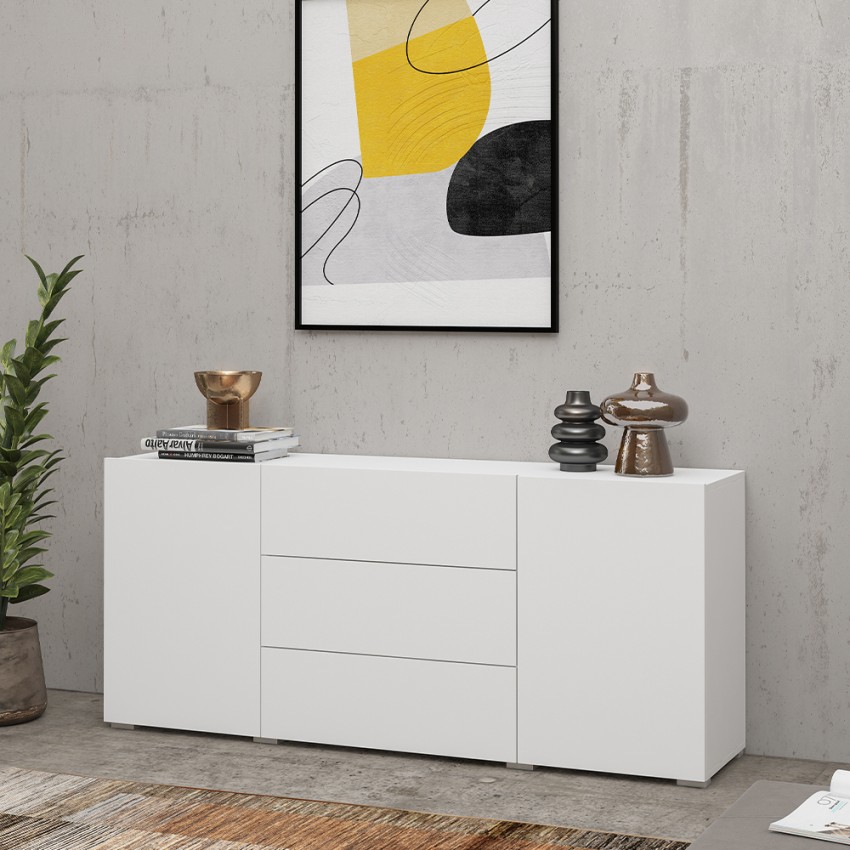Aparador blanco moderno para el salón con 3 cajones y 2 puertas 140x35x63 cm Mehdi Promoción Aparador blanco moderno para el salón con 3 cajones y 2 puertas 140x35x63 cm Mehdi Promoción