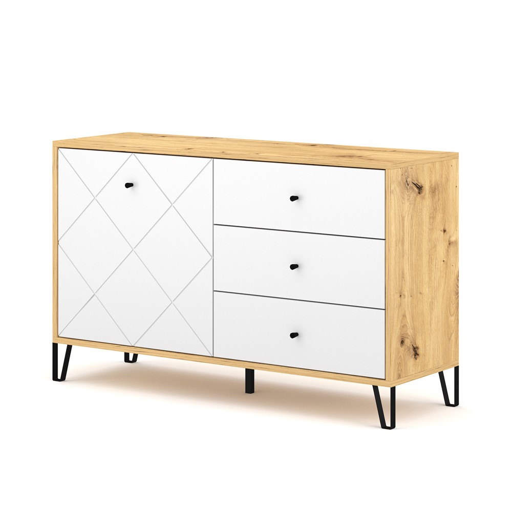 Aparador moderno para cocina o salón 120 cm madera roble con 1 puerta y 3 cajones blanco Gwen