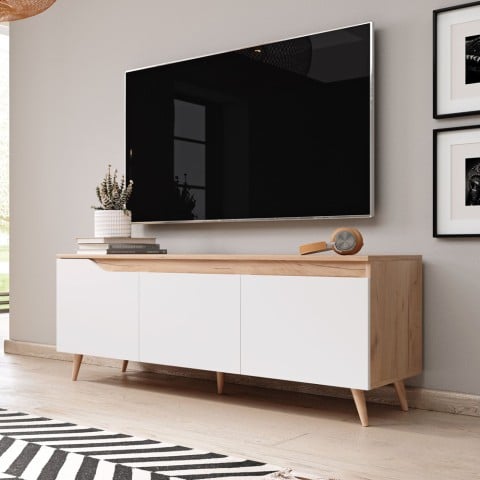 Mueble TV moderno 140cm estilo escandinavo de madera con 3 puertas color blanco mate Muriel Promoción