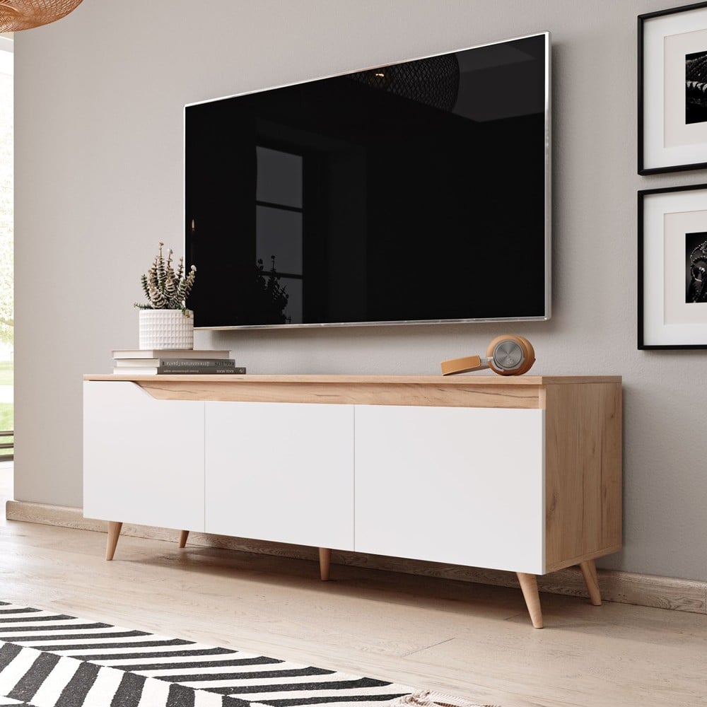 Mueble TV moderno 140cm estilo escandinavo de madera con 3 puertas color blanco mate Muriel