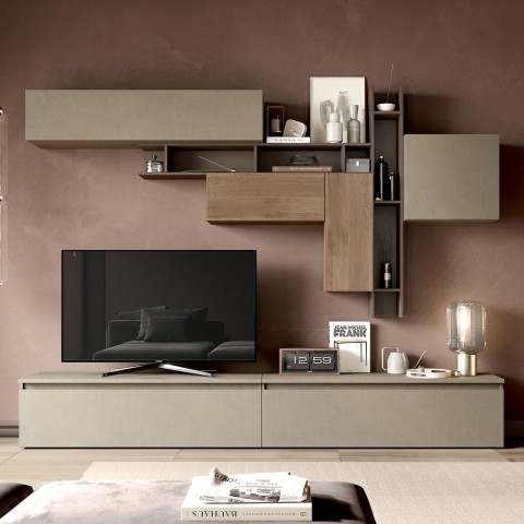 Centro de entretenimiento moderno de madera con mueble de TV y librería Infinity 05 Promoción