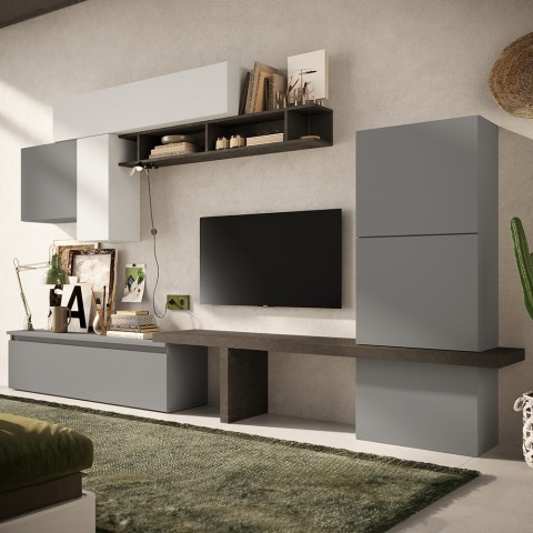 Mueble de pared moderno para televisión, sala de estar, blanco gris negro Infinity 06 Promoción