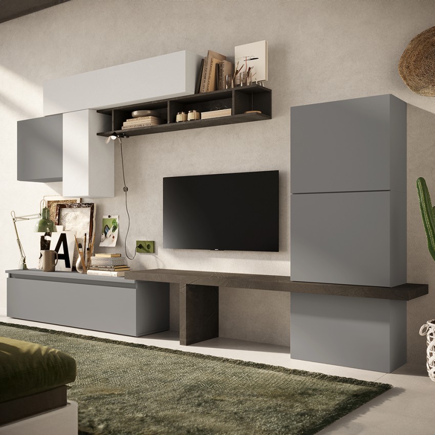 Mueble de pared moderno para televisión, sala de estar, blanco gris negro Infinity 06 Promoción Mueble de pared moderno para televisión, sala de estar, blanco gris negro Infinity 06 Promoción