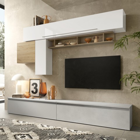 Mueble de pared para TV moderno blanco brillante con estante de madera Infinity 17 Promoción