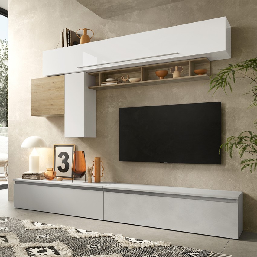 Mueble de pared para TV moderno blanco brillante con estante de madera Infinity 17 Promoción Mueble de pared para TV moderno blanco brillante con estante de madera Infinity 17 Promoción
