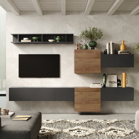 Mueble de pared para TV suspendido moderno en madera blanco y gris Infinity 22 Promoción