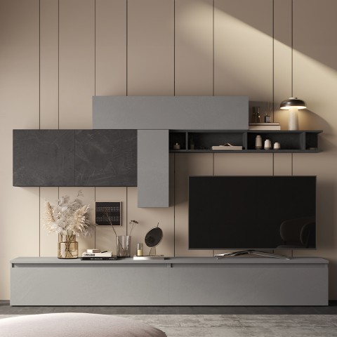 Centro de entretenimiento de sala moderno gris con repisa negra Infinity 23 Promoción