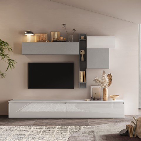 Mueble de pared moderno para TV blanco y gris con estantes flotantes Infinity 29 Promoción