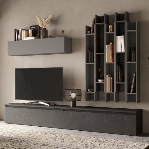 Mueble de pared con librería moderna gris y mueble para TV negro Infinity 30 Promoción