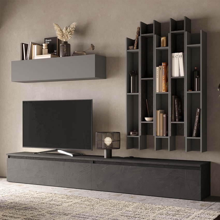 Mueble de pared con librería moderna gris y mueble para TV negro Infinity 30 Promoción