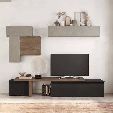 Mueble de pared moderno para TV en madera negra con muebles suspendidos en gris Infinity 34 Promoción