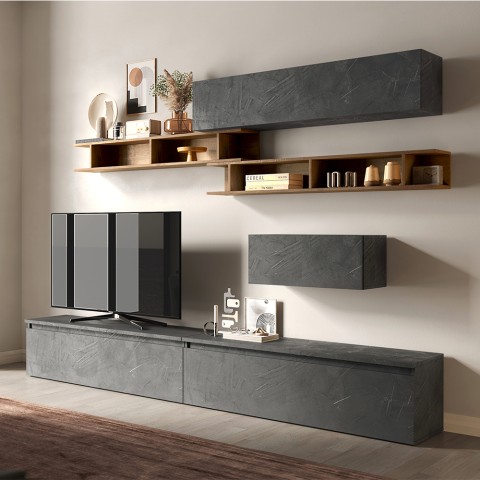 Mueble de pared para TV de salón moderno gris con estantes de madera Infinity 39 Promoción