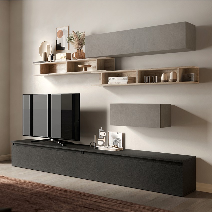 Mueble de pared para TV de salón moderno gris con estantes de madera Infinity 39 Venta Mueble de pared para TV de salón moderno gris con estantes de madera Infinity 39 Venta