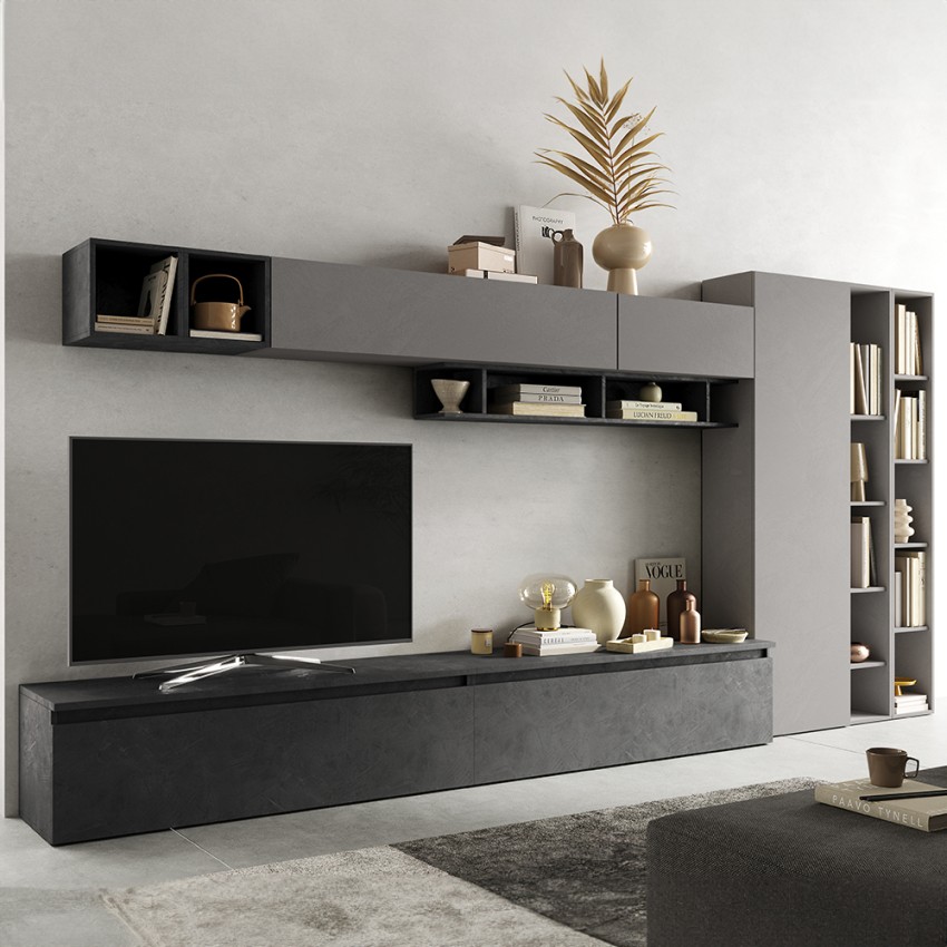 Mueble de pared moderno gris para TV y librería con estantería colgante Infinity 43 Promoción