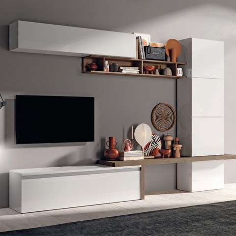 Mueble de pared moderno para TV en madera blanca brillante Fantasy 03 Promoción