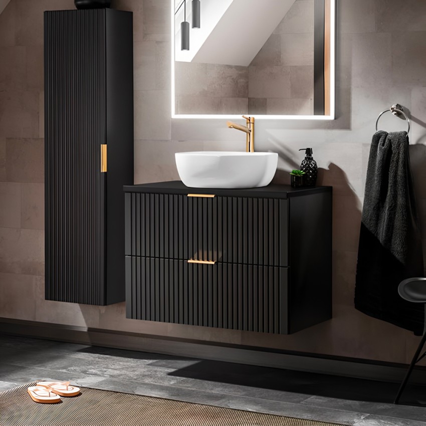 Mueble de baño suspendido 80x46 cm color negro con cajones y lavabo sobre encimera Adel Black Promoción Mueble de baño suspendido 80x46 cm color negro con cajones y lavabo sobre encimera Adel Black Promoción
