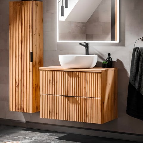 Mueble de baño de madera suspendido con cajones y lavabo sobre encimera Adel Wood Promoción