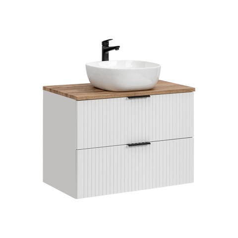 Mueble de baño suspendido color blanco de madera con lavabo sobre encimera y cajones Adel White Promoción