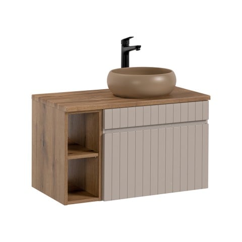 Mueble de baño suspendido color beige con lavabo sobre encimera y cajones gris tórtora Coast 80N Promoción