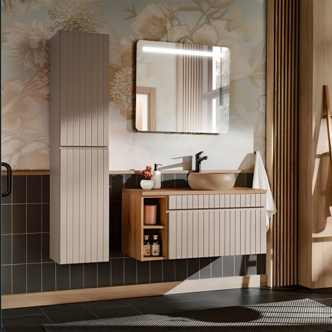Mueble de baño suspendido lavabo de apoyo beige espejo armario Coast 100 SNA Promoción