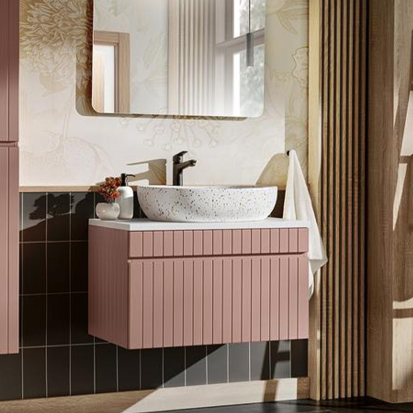 Mueble de baño suspendido 80x46 cm con lavabo sobre encimera color rosa y blanco Lili 80 Promoción Mueble de baño suspendido 80x46 cm con lavabo sobre encimera color rosa y blanco Lili 80 Promoción