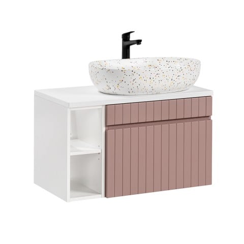 Mueble de baño suspendido rosa y blanco con lavabo sobre encimera y estantes Lili 80N Promoción