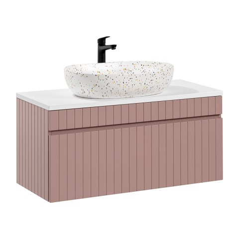 Mueble de baño suspendido con lavabo de apoyo rosa y blanco Lili 100 Promoción